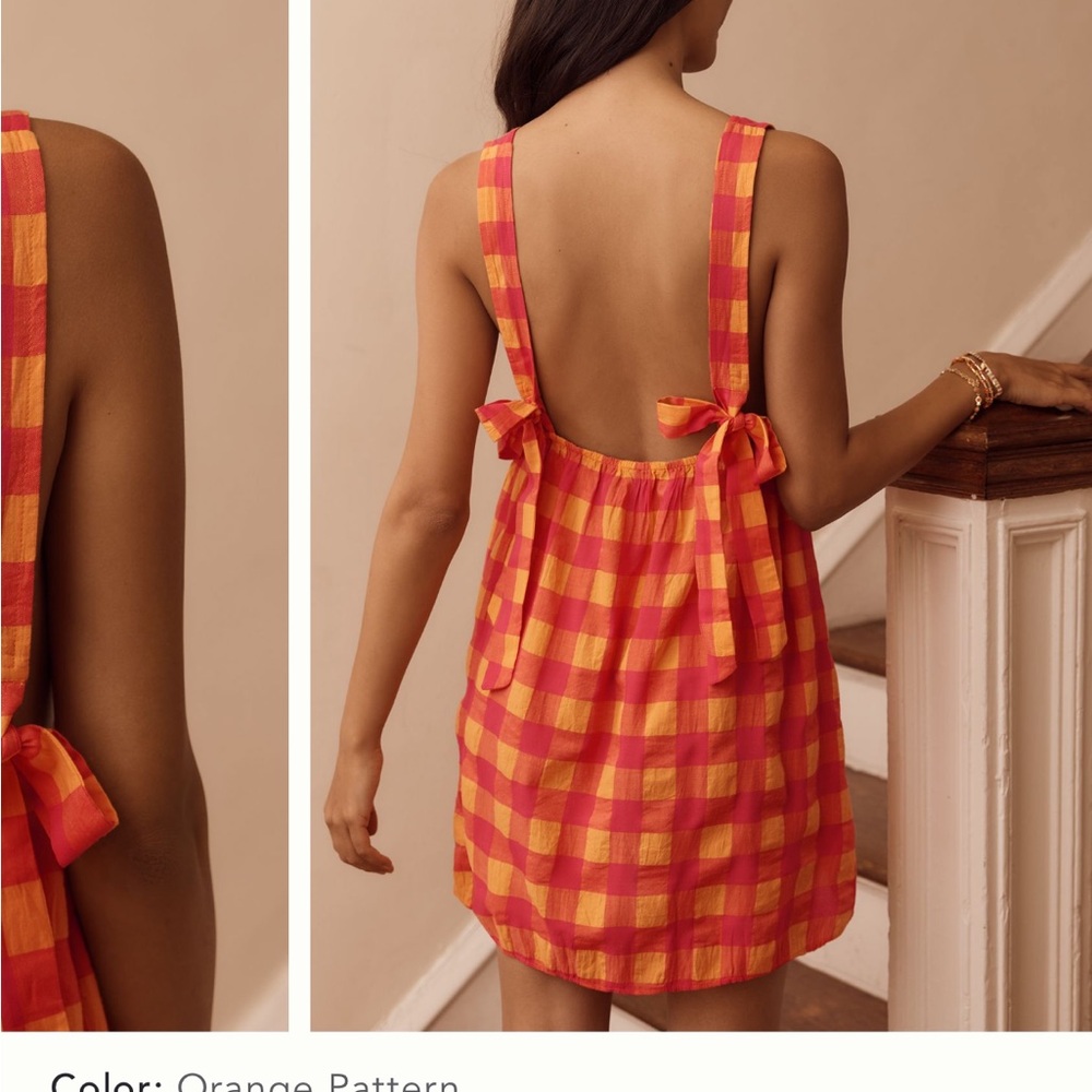 Anthropologie Aron mini nap dress Orange and Red Checkered Dress